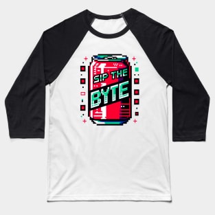 Cyberpunk Pixel Soda Can - Sip the Byte 2D Game Style Baseball T-Shirt